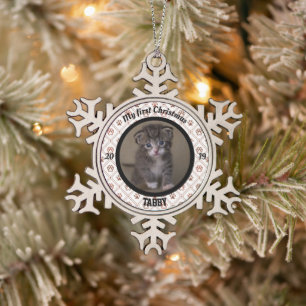 Personalisiert Kittens erstes Foto zu Weihnachten Schneeflocken Zinn-Ornament