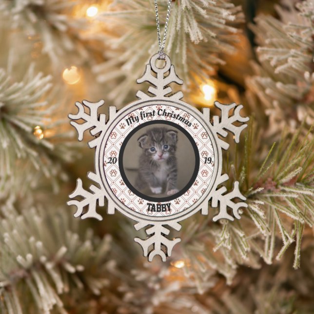 Personalisiert Kittens erstes Foto zu Weihnachten Schneeflocken Zinn-Ornament (Baum)