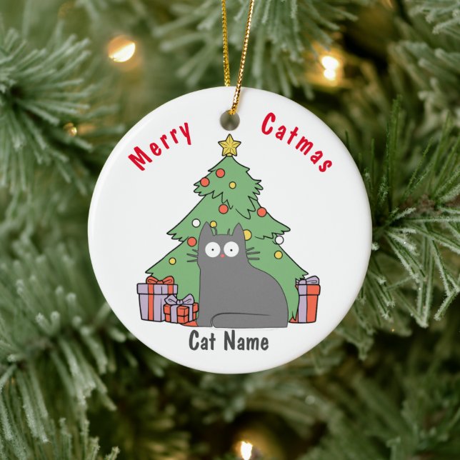 Personalisiert Kitty Cat Weihnachtsgraukatze Keramik Ornament (Baum)