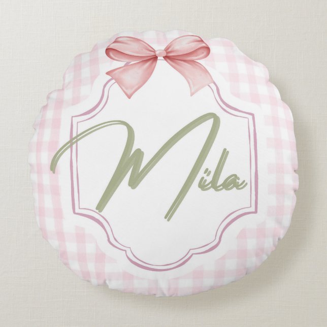 Personalisiert Lainey Baby Girl Kinderzimmer Bow&G Rundes Kissen (Vorderseite)