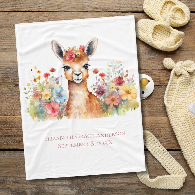 Personalisiert Lama Wildblumen Watercolor Baby Fleecedecke (Llama Floral Watercolor Baby Blanket, with personalized name and birthday. Baby shower gift)