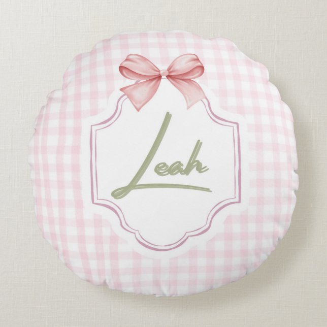 Personalisiert Leah Baby Girl Kinderzimmer Bow&Gin Rundes Kissen (Vorderseite)