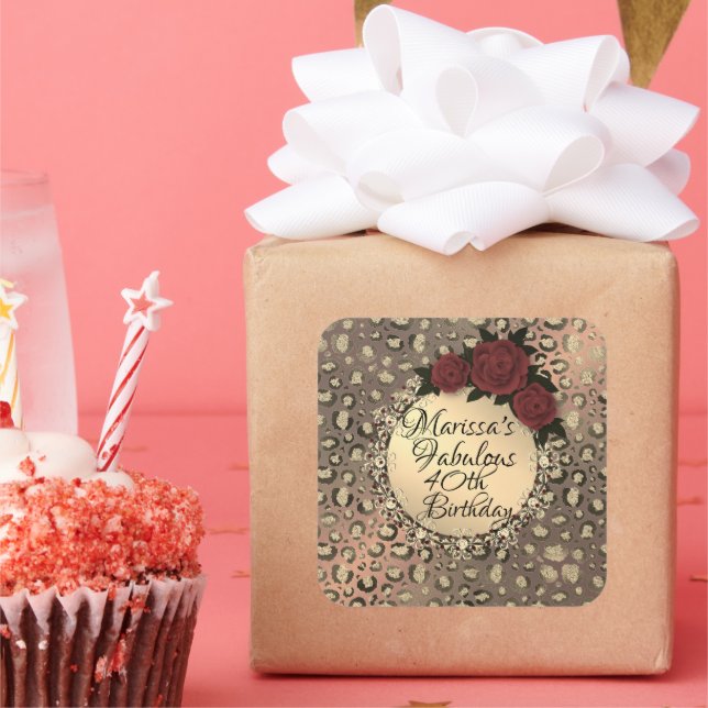 Personalisiert Leopard Rose Fabulous 40. Geburtsta Quadratischer Aufkleber (Party)