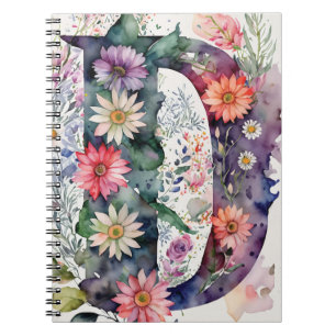 Personalisiert Letter D Floral Watercolor-Notebook Notizblock