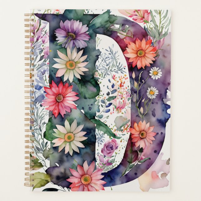 Personalisiert Letter D Floral Watercolor-Notebook Planer (Vorderseite)