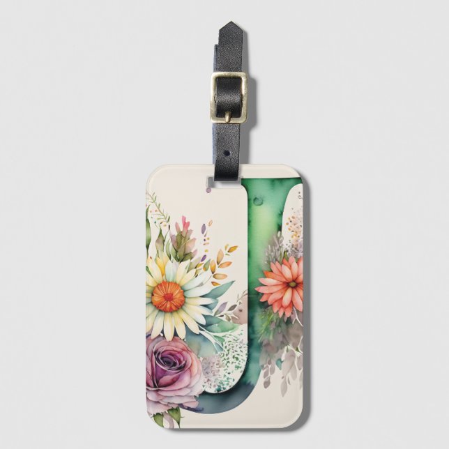 Personalisiert Letter J Daisy Floral Watercolor Gepäckanhänger (Vorderseite Vertikal)