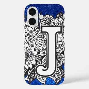 Personalisiert Letter J Elegant Floral Glitzer iPhone 16 Hülle