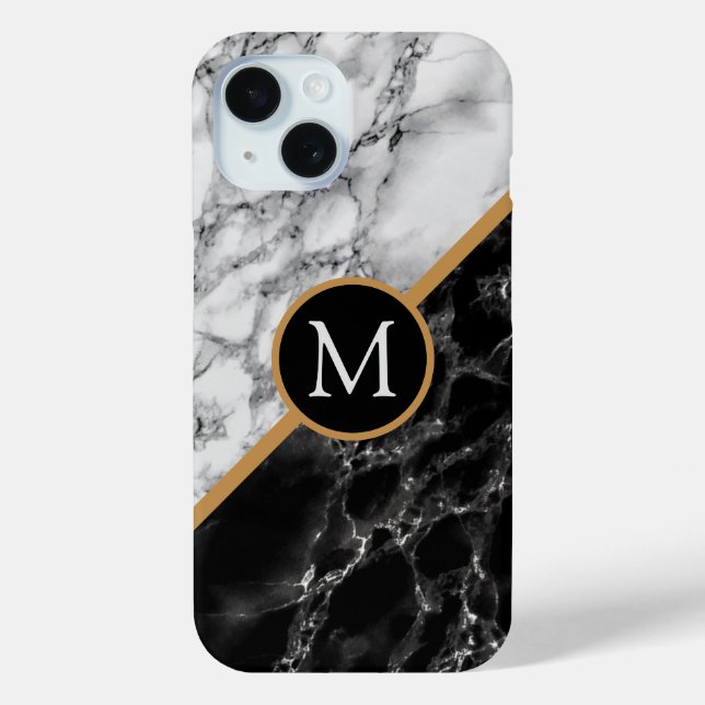 Personalisiert Letter Schwarz-weiß Marble iPhone C Case-Mate iPhone Hülle (Rückseite)