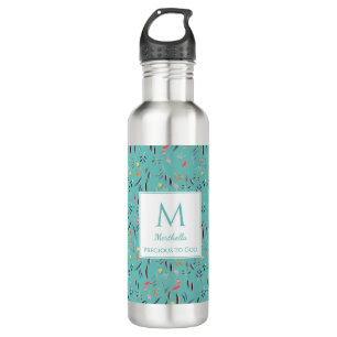 Personalisiert LICHT AQUAMARINE florale Monogramm Edelstahlflasche