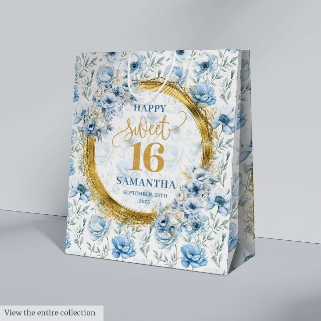 Personalisiert Light Blue 16 . Geburtstag Glitzer  Mittlere Geschenktüte (Personalized Light Blue Sweet Sixteen Glitter Bag)