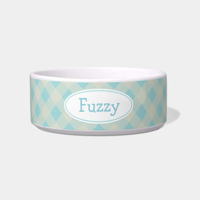 Personalisiert Light Blue Gingham Pet Bowl Napf (Vorderseite)