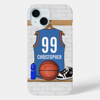 Personalisiert Light Blue Orange Basketball Jersey iPhone 15 Hülle