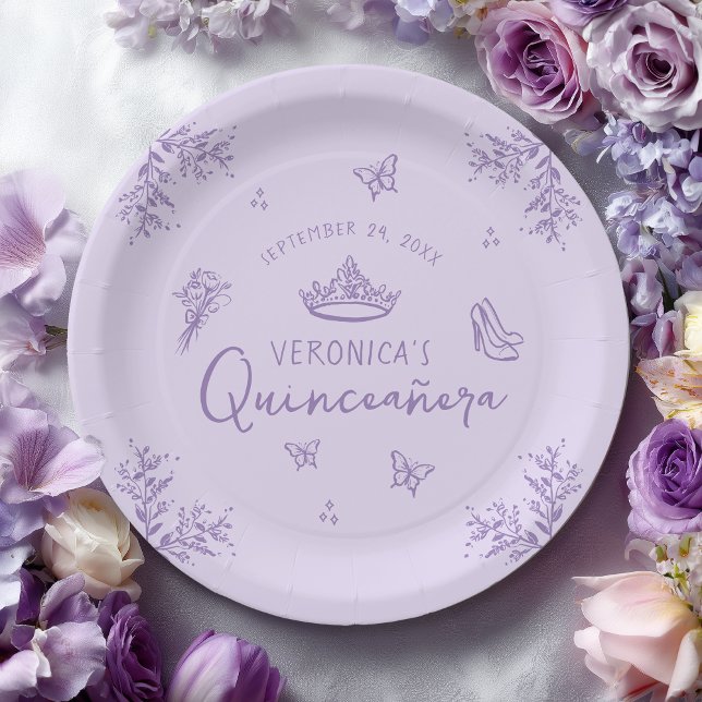 Personalisiert Lila Lavender Quinceanera Pappteller (Shown on a 9-inch round plate)