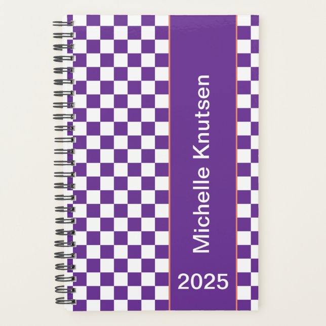 Personalisiert lila und weiß Checkered 2025 Planer (Vorderseite)