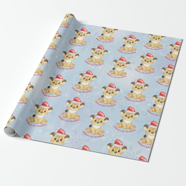 Personalisiert Lion 1. Christmas Baby Boy Blue  Geschenkpapier (Ungerollt)