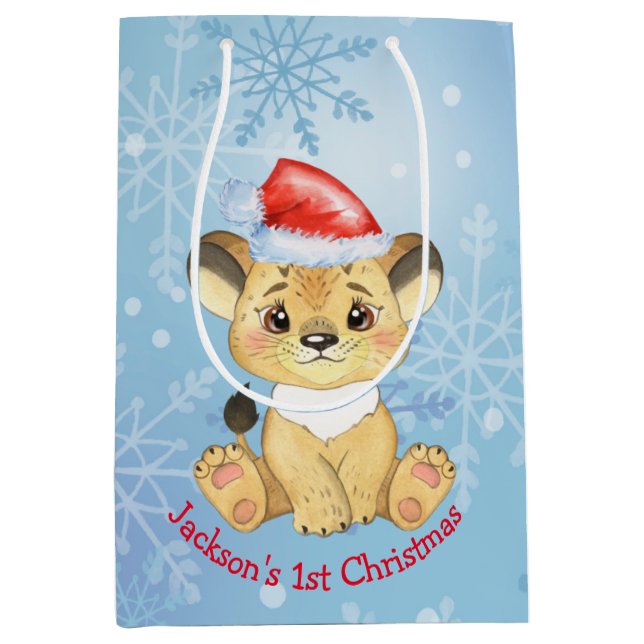 Personalisiert Lion 1. Christmas Baby Boy Blue  Mittlere Geschenktüte (Vorderseite)