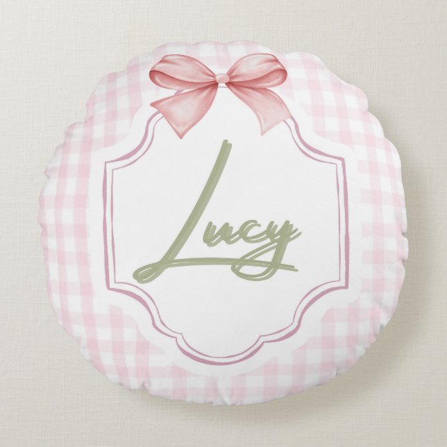 Personalisiert Lucy Baby Girl Kinderzimmer Bow&Gin Rundes Kissen (Vorderseite)