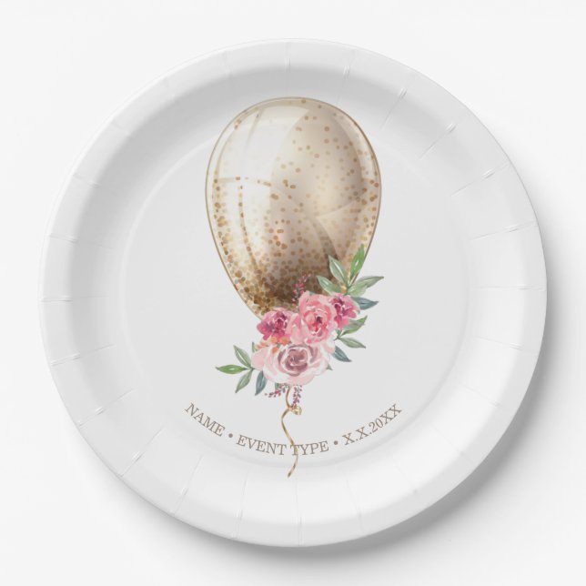 Personalisiert Luxury Beige Balloon Glitzer Party Pappteller (Vorderseite)