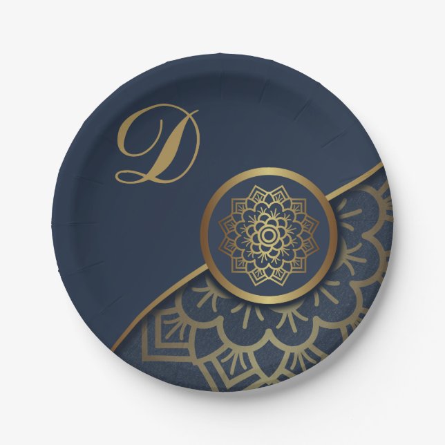 Personalisiert Luxury Gold Mandala Art Blue Pappteller (Vorderseite)