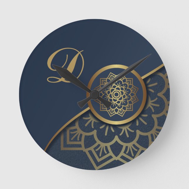 Personalisiert Luxury Gold Mandala Art Blue Runde Wanduhr (Vorderseite)