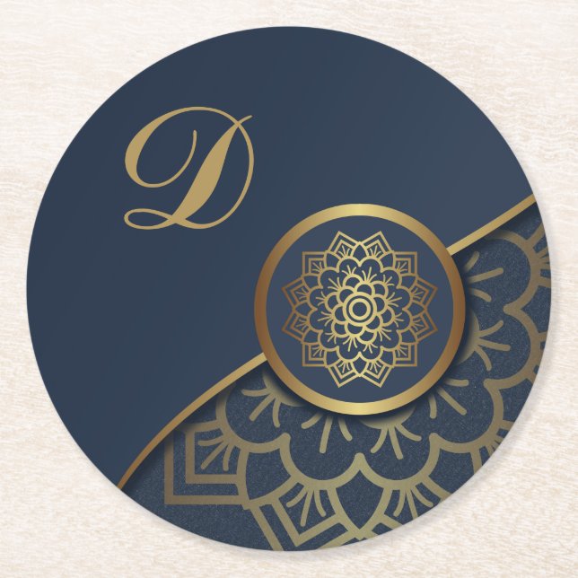 Personalisiert Luxury Gold Mandala Art Blue Runder Pappuntersetzer (Vorderseite)
