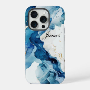 Personalisiert Luxus Blau, Weiß und Gold Wasserfar iPhone 15 Pro Hülle