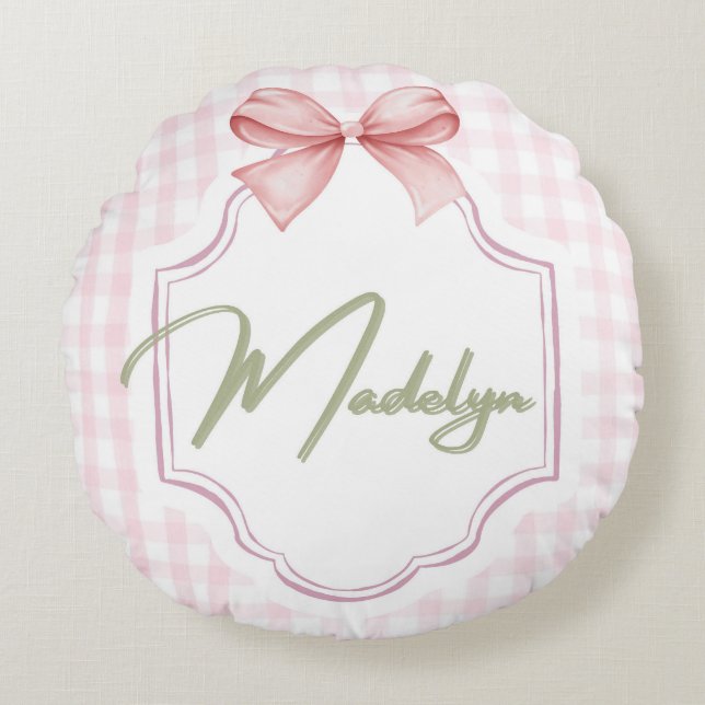 Personalisiert Madeline Baby Girl Kinderzimmer Bow Rundes Kissen (Vorderseite)