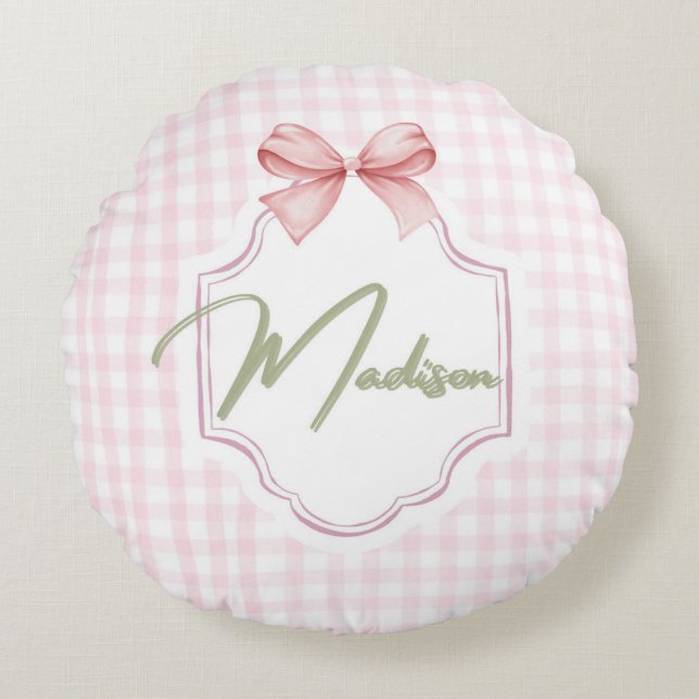 Personalisiert Madison Baby Girl Kinderzimmer Bow& Rundes Kissen (Vorderseite)
