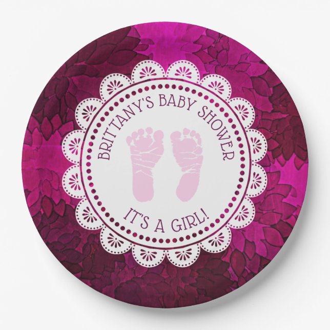 Personalisiert Magenta Girl's Baby Shower Plate Pappteller (Vorderseite)