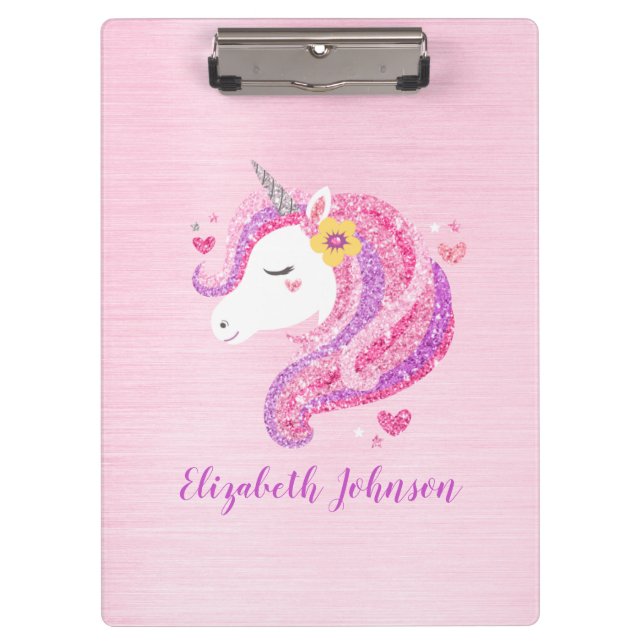 Personalisiert Magisch rosa Glitzer Einhorngesicht Klemmbrett (Vorderseite)