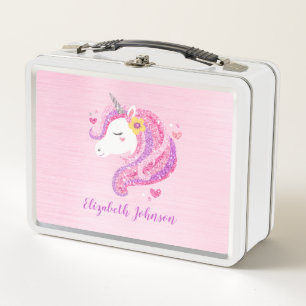 Personalisiert Magisch rosa Glitzer Einhorngesicht Metall Brotdose