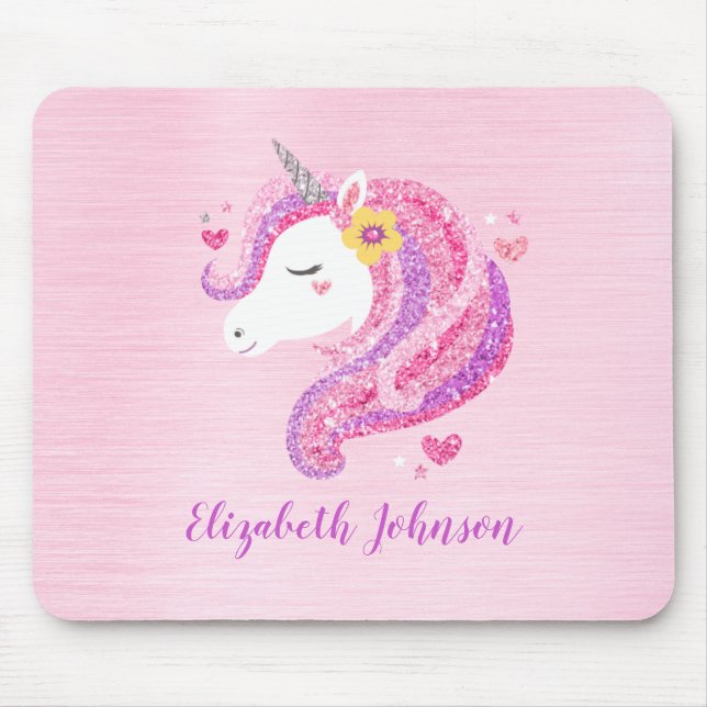 Personalisiert Magisch rosa Glitzer Einhorngesicht Mousepad (Vorne)