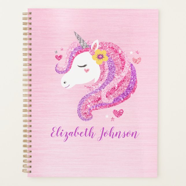 Personalisiert Magisch rosa Glitzer Einhorngesicht Planer (Vorderseite)