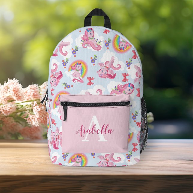 Personalisiert Magisches Rosa Einhorn Girly Rainbo Bedruckter Rucksack (Personalized Magical Pink Unicorn Girly Rainbow Printed Backpack)