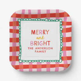 Personalisiert Merry and Bright Red Checkered Pappteller