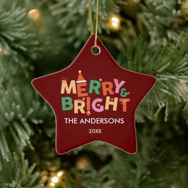 Personalisiert Merry & Bright Star Weihnachten Keramik Ornament (Baum)