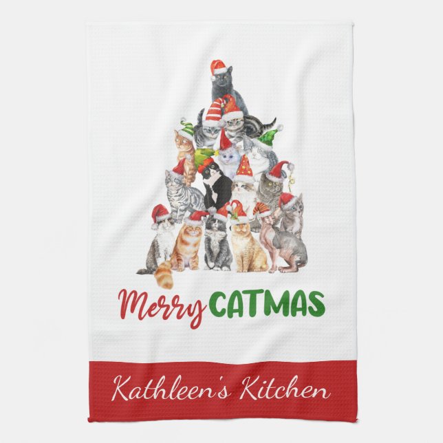 Personalisiert Merry Catmus Funny Cat Weihnachten Geschirrtuch (Vertikal)