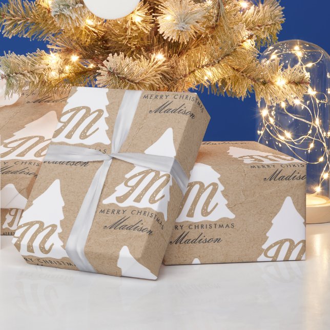 Personalisiert Merry Christmas Kraft Monogram Tree Geschenkpapier (Feiertage)