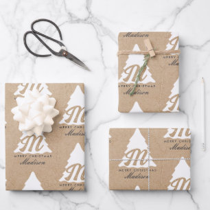 Personalisiert Merry Christmas Kraft Monogram Tree Geschenkpapier Set