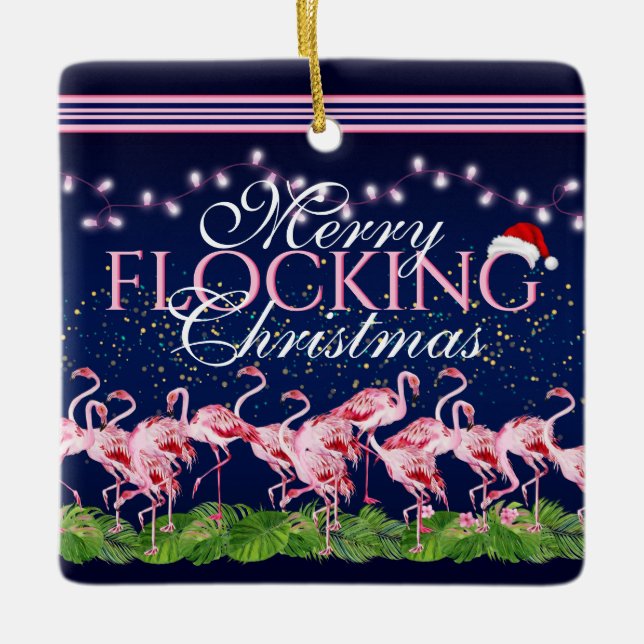 Personalisiert Merry Flocking Christmas Flamingo Keramikornament (Vorderseite)