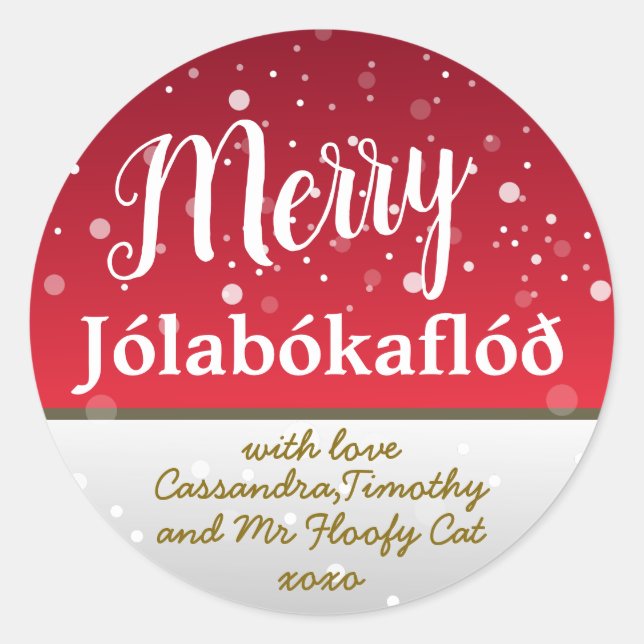 Personalisiert Merry Jólabókaflóð Red Family Runder Aufkleber (Vorderseite)
