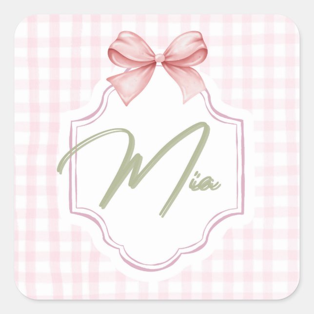 Personalisiert Mia Baby Girl Kinderzimmer Bow & Gi Quadratischer Aufkleber (Vorderseite)