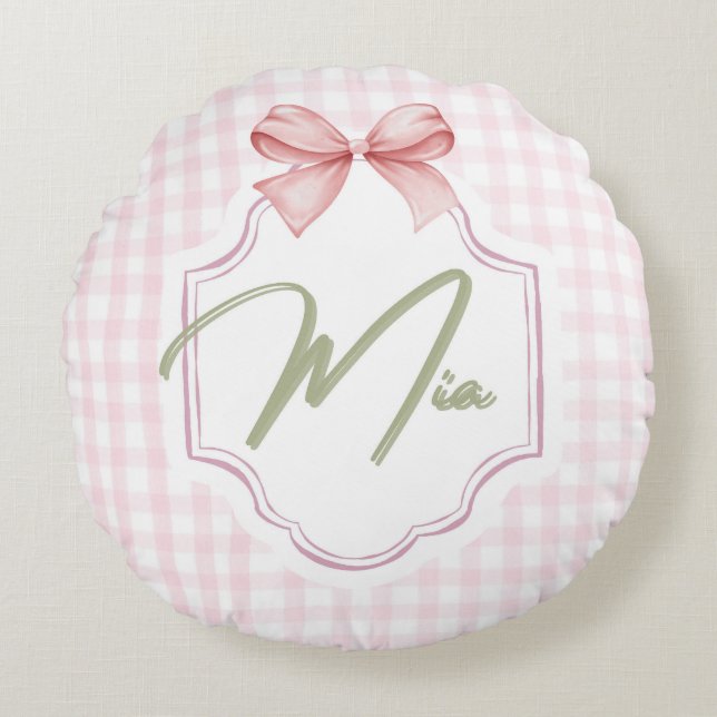 Personalisiert Mia Baby Girl Kinderzimmer Bow & Gi Rundes Kissen (Vorderseite)