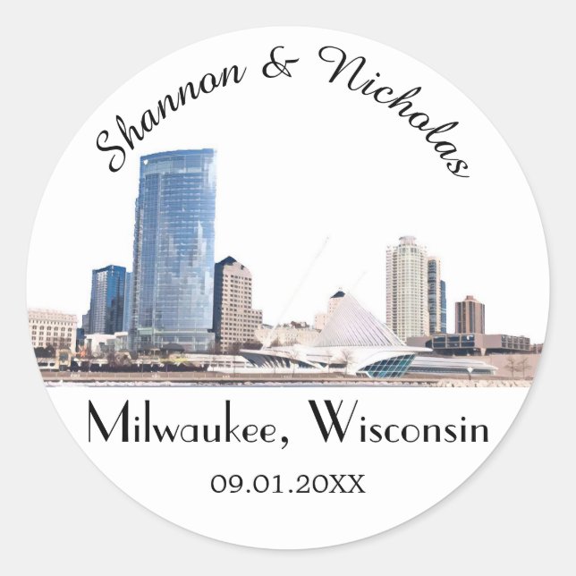 Personalisiert Milwaukee Skyline Wedding Runder Aufkleber (Vorderseite)