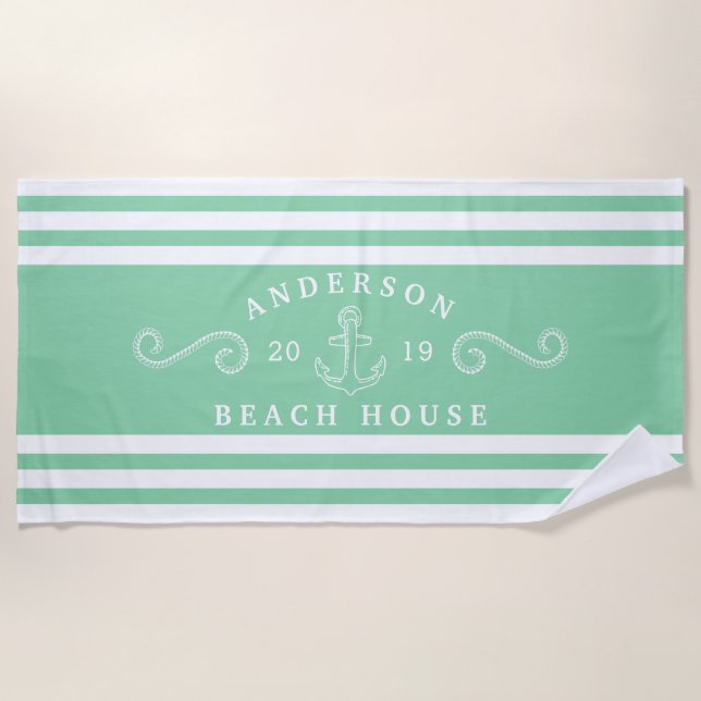 Personalisiert Minze Green Nautical Beach House Strandtuch (Vorderseite)