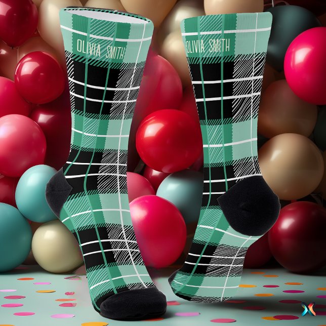 Personalisiert Minze Grün und Schwarzer Tartan Kar Socken (Von Creator hochgeladen)