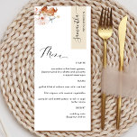 Personalisiert mit Gastname, Beige Earthy Blooms Menükarte<br><div class="desc">Warum in Platzkarten und Menükarten verbringen, wenn Sie ein elegantes All-in-One-Menü personalisiert mit jedem Gast-Namen haben können! Modernes, einfaches und elegantes Design mit schöner moderner Handschrift. Streifen in der oberen rechten Ecke in Beige mit dem Namen des Gastes in schwarz. Zurück in Beige wie Streifen. Möglichkeit, die Streifen Farbe oder...</div>