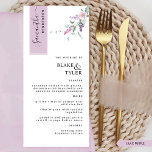 Personalisiert mit Gastname, Lilac Floral Wedding Menükarte<br><div class="desc">Warum verbringen Sie in Platzkarten und Menükarten, wenn Sie ein elegantes All-in-One-Menü personalisiert mit dem Namen jedes Gastes haben? Modernes, einfaches und stilvolles Design mit schönen handgeschriebenen Kalligrafiedetails und zarter Blüte mit staubigen lila, violetten, lila und Lavendelblüten. Der Streifen in der oben links Ecke ist in einem lila Pastellton gehalten,...</div>