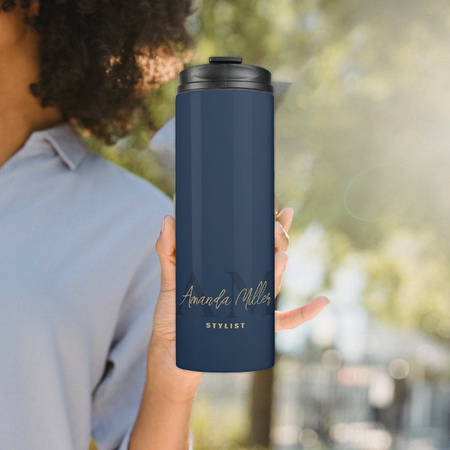 Personalisiert mit Name Navy Blue Gold Monogram Thermosbecher (Von Creator hochgeladen)