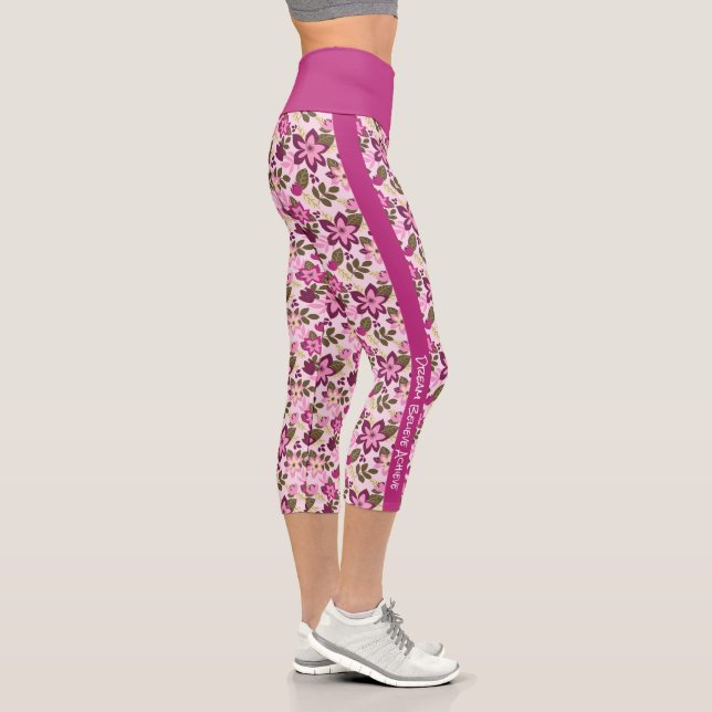 Personalisiert Modern Pink Magenta Floral Capri Leggings (Rechts)